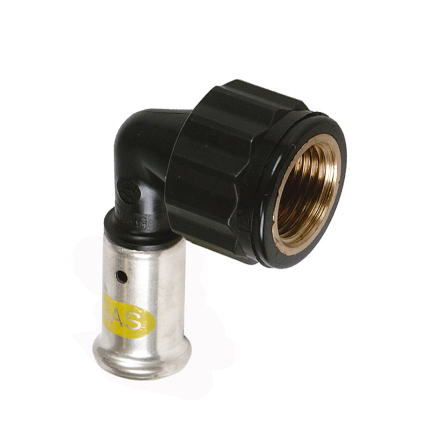 Henco schroefknie 90°, gas, pvdf, rvs, pers x binnendraad, type 6PKG, hnbr, 10 bar, 26 mm x ¾"