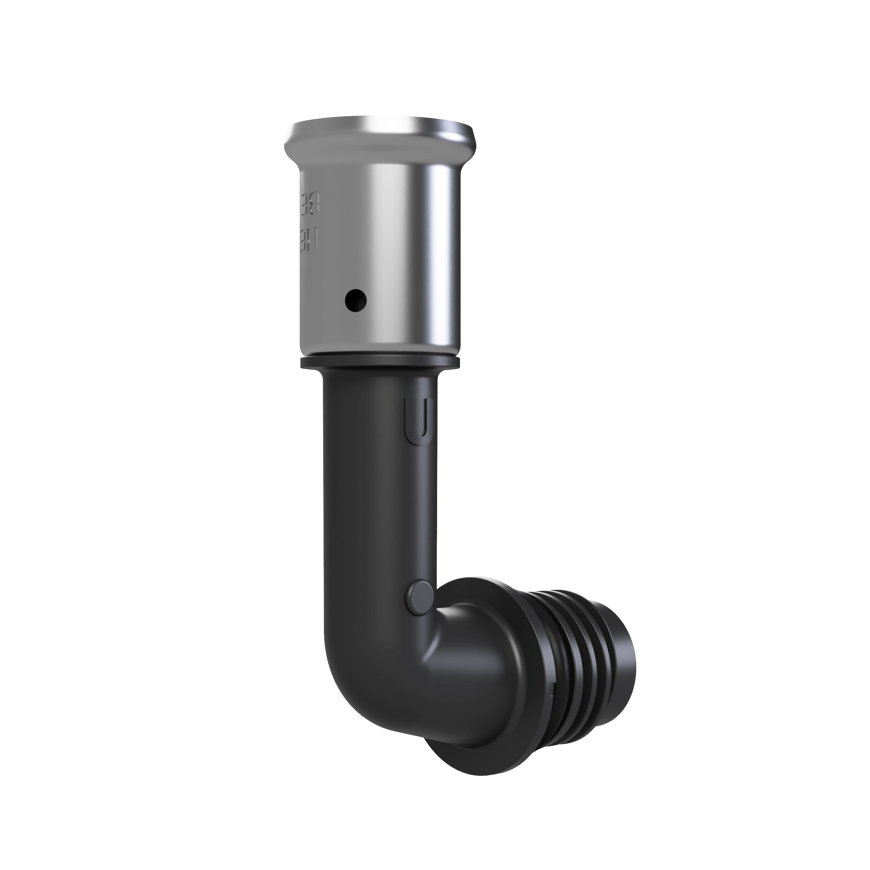 Henco knie 90° voor Pro-Flow Manifold verdeler, pers x euroconus, VKPK90, toevoer boven, 26 mm,zwart
