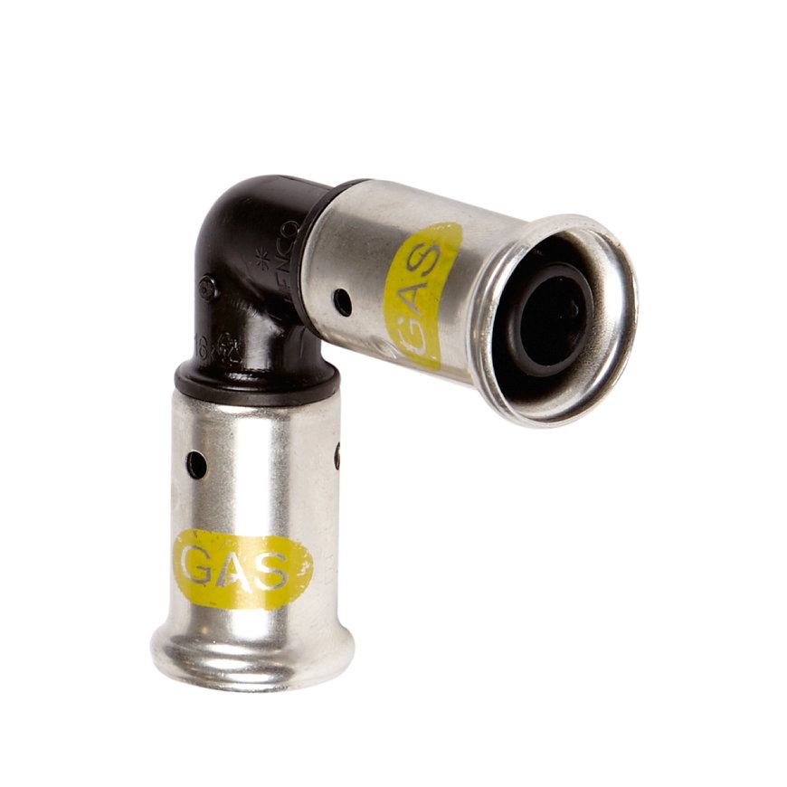 Henco knie 90°, gas, pvdf, rvs, 2x pers, type 1PKG, hnbr, 10 bar, 26 mm