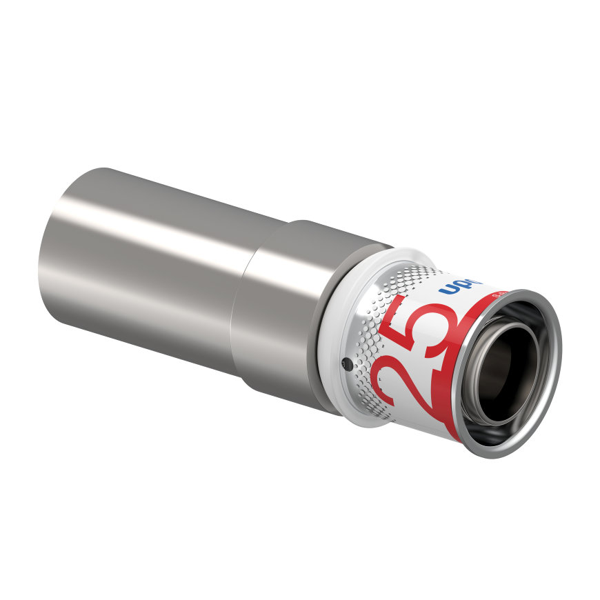 Uponor overgangskoppeling, S-Press Plus, messing vertind, spie x pers, Kiwa, 28 (cu) x 25 mm