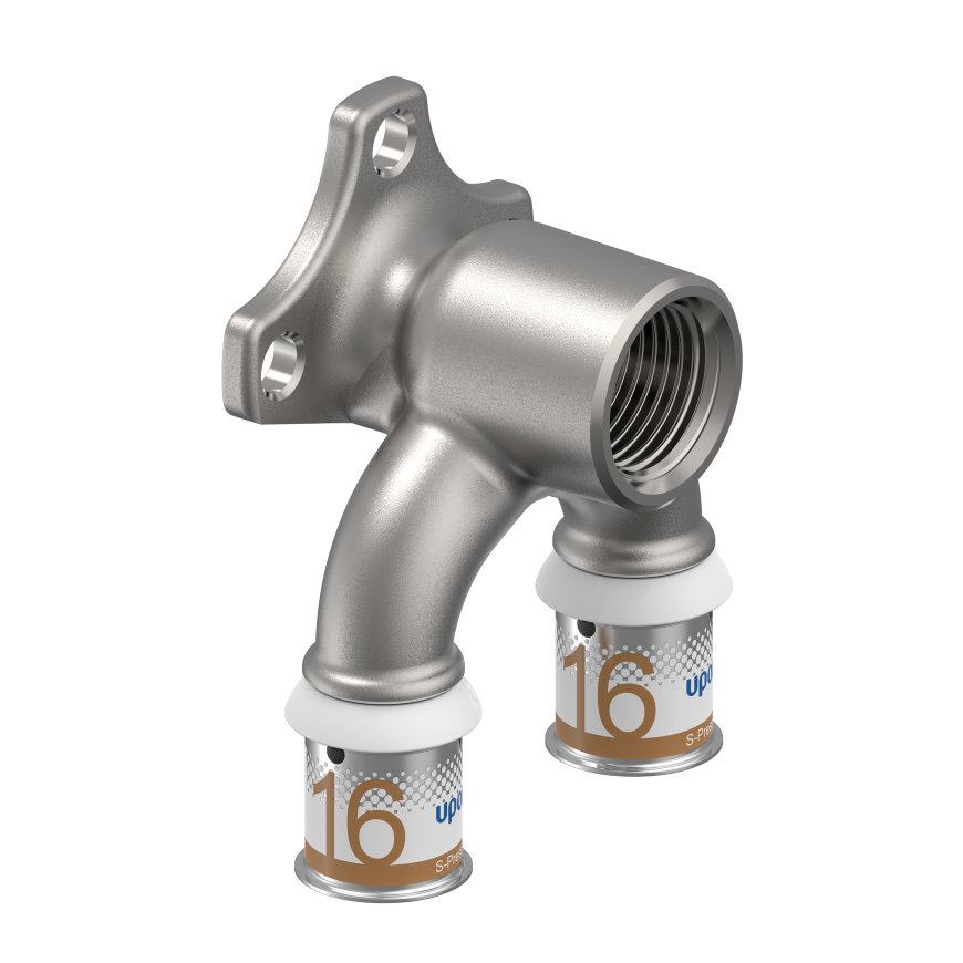 Uponor doorstroom muurplaat, S-Press Plus, messing vertind, binnendraad x pers, Kiwa, ½" x 16 mm