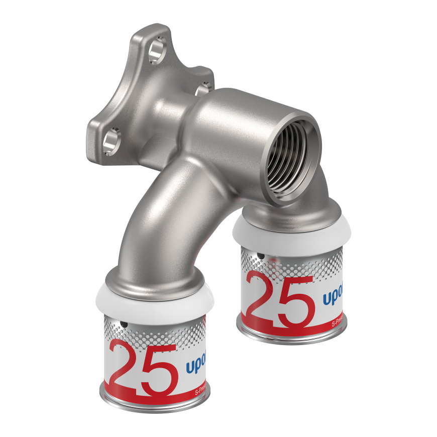 Uponor doorstroom muurplaat, S-Press Plus, messing vertind, binnendraad x pers, Kiwa, ½" x 25 mm