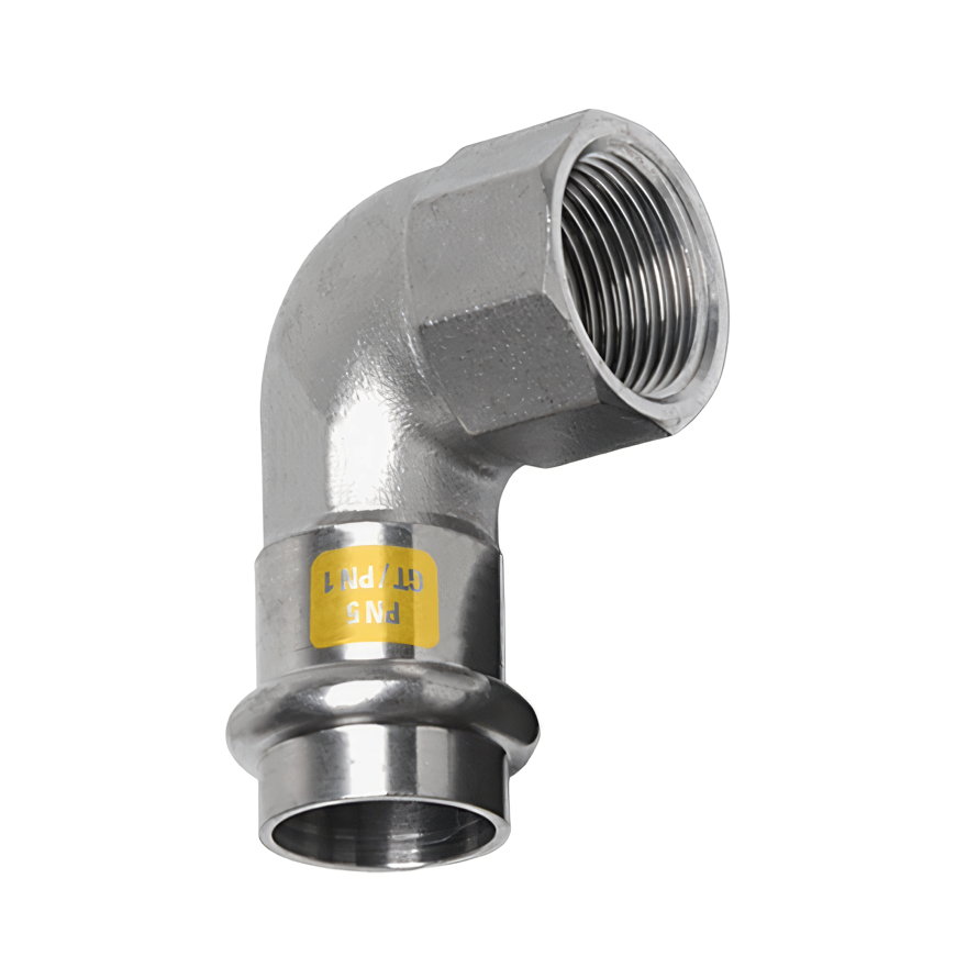 Sanha NiroSan Gas schroefknie 90°, rvs 316L, pers x binnendraad, 15 mm x ½"