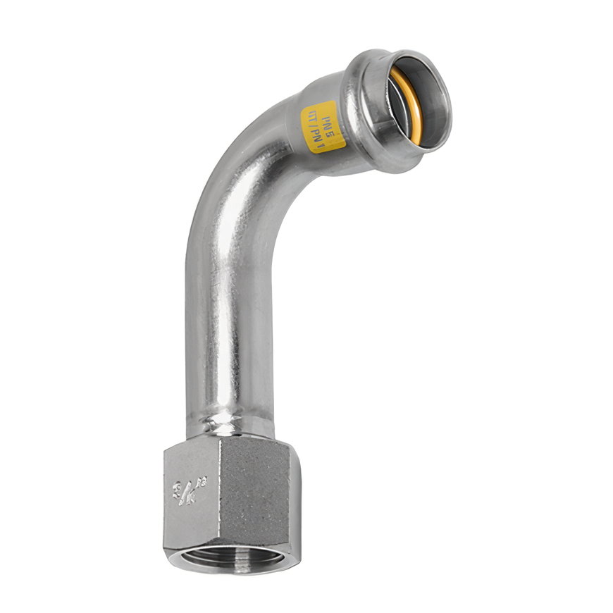 Sanha NiroSan Gas bocht 90°, rvs 316L, pers x binnendraad, 15 mm x ½"