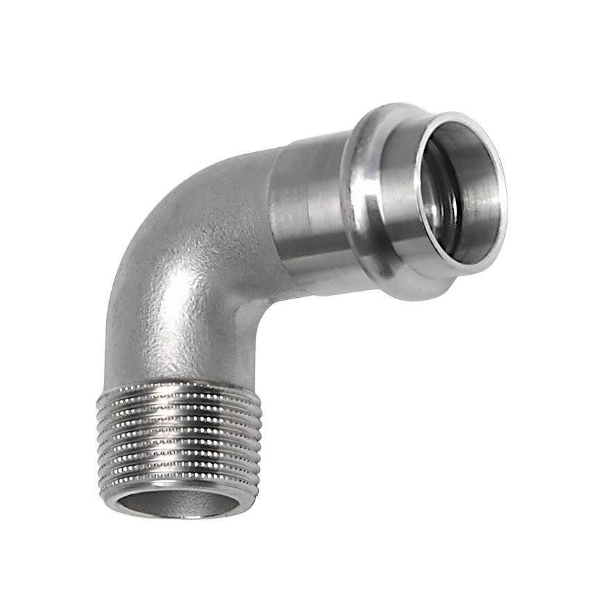Sanha NiroSan draadknie 90°, rvs 316L, buitendraad x pers, ½" x 15 mm