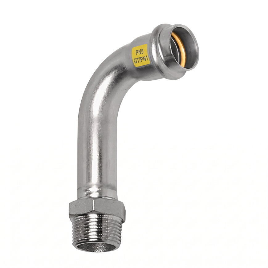 Sanha NiroSan Gas bocht 90°, rvs 316L, pers x buitendraad, 15 mm x ½"