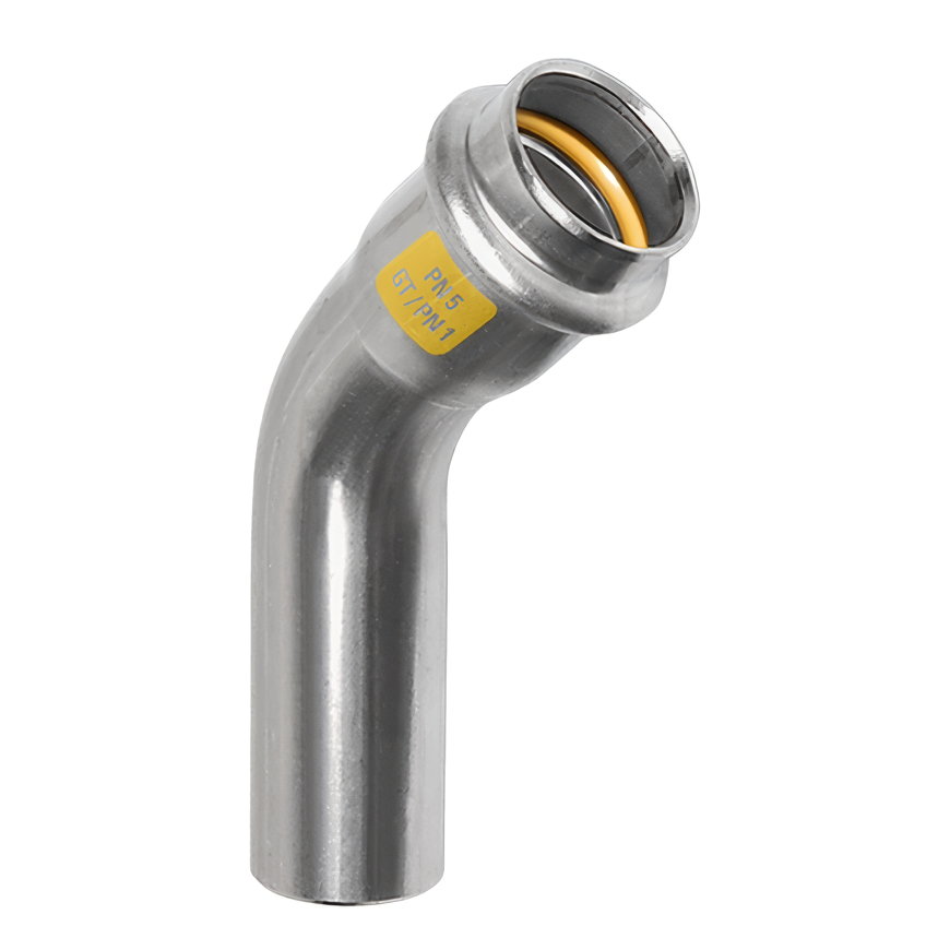 Sanha NiroSan Gas bocht 45°, rvs 316L, spie x pers, 22 mm