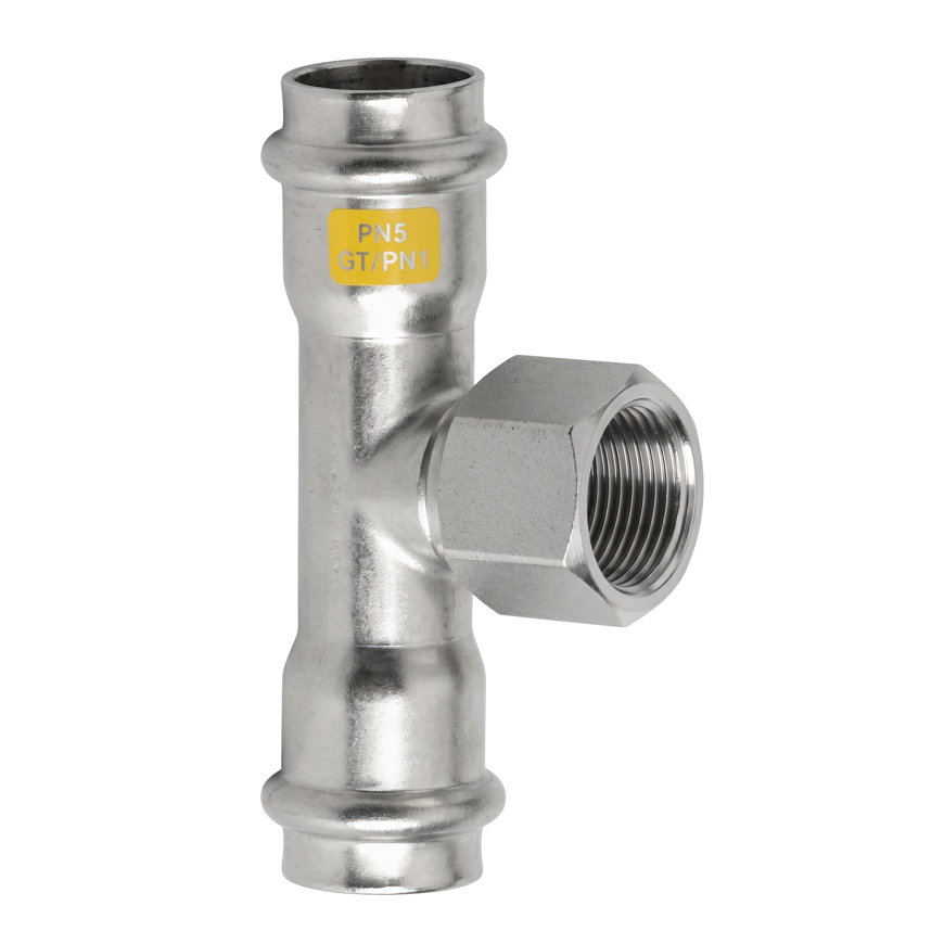 Sanha NiroSan Gas schroef T-stuk 90°, rvs 316L, 2x pers / 1x binnendraad, 35 mm x ¾" x 35 mm