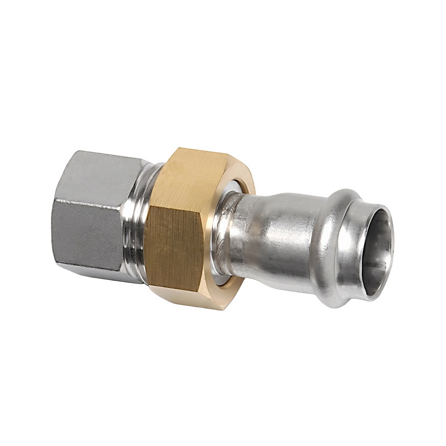Sanha NiroSan 3-delige koppeling, rvs 316L, messing moer, pers x binnendraad, 22 mm x ¾"