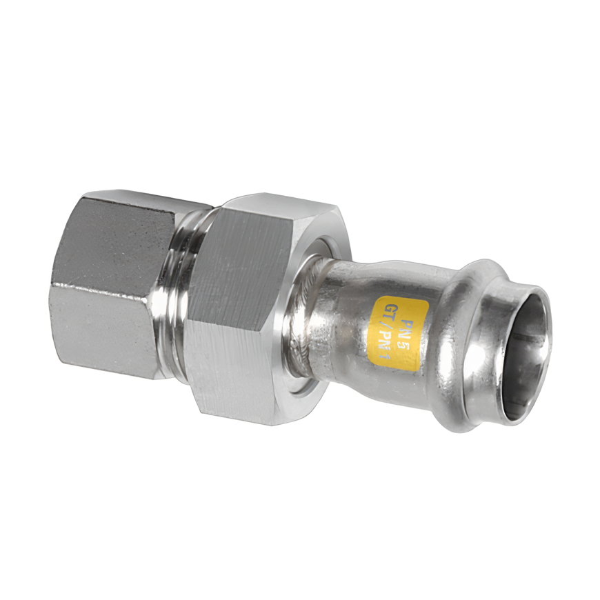 Sanha NiroSan Gas 3-delige koppeling, rvs 316L, pers x binnendraad, vlakdichtend, 15 mm x ¾"