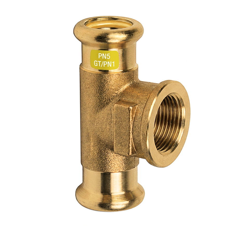Sanha Press Gas schroef T-stuk 90°, brons, 2x pers / 1x binnendraad, 15 x ½" x 15 mm